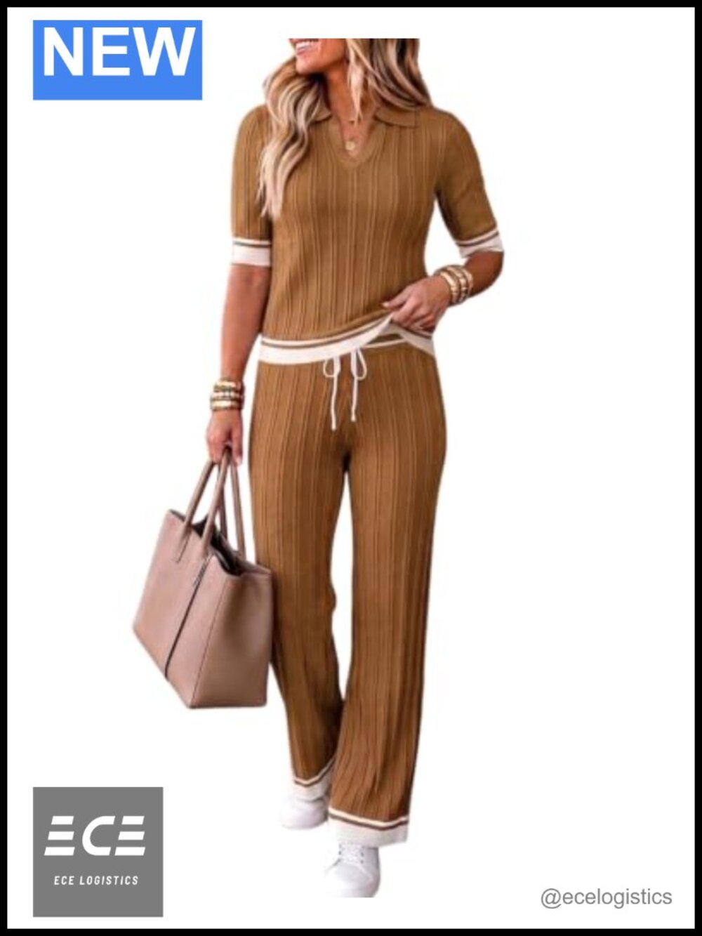 Two Piece Knit Lounge Set Short Sleeve Drawstring Pants Women
